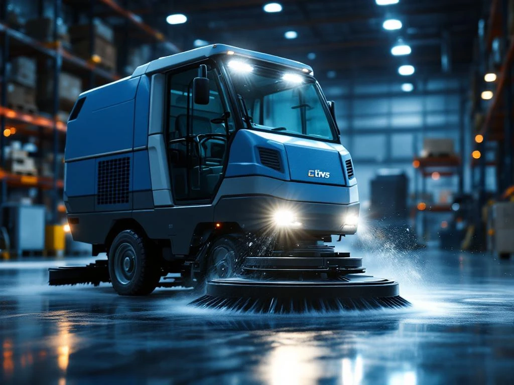 Industri&euml;le vloerschrobmachine reinigt magazijnvloer met LED-verlichting en roterende borstels in grote opslaghal