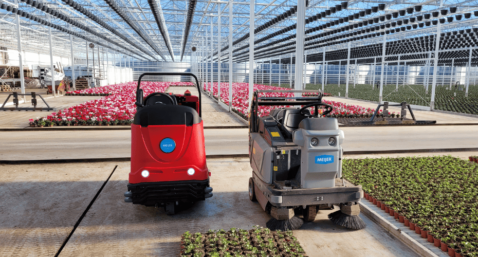 Sweeping and scrubbing machines for greenhouses.