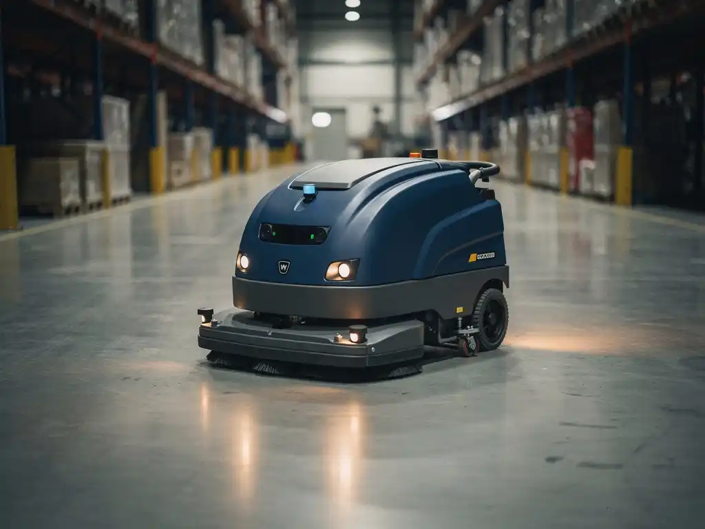 Autonome industriële vloerveegmachine rijdt door ruime magazijnhal met glanzende betonvloeren en warme verlichting