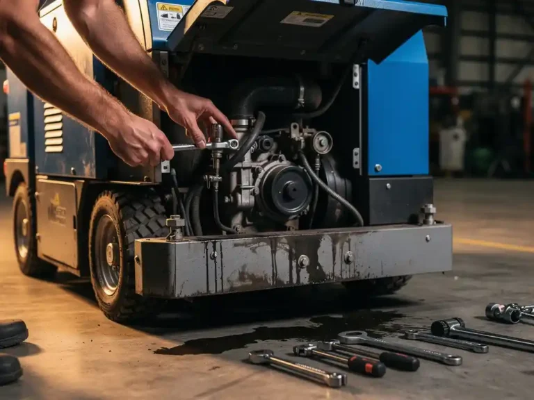 Mechanieker onderhoudt dieselmotor van industriële vloerveegmachine in magazijn met gereedschap op betonnen vloer
