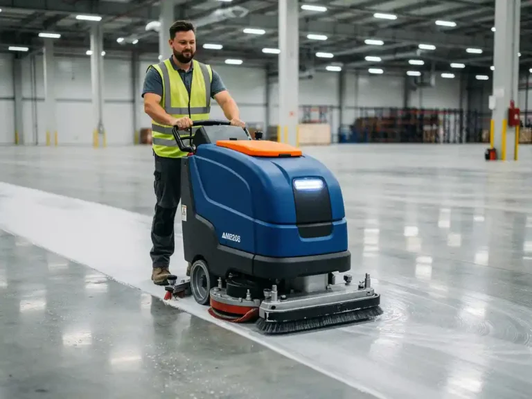 Elektrische vloerschrobmachine reinigt industriële magazijnvloer terwijl werker in veiligheidsvest het apparaat bedient