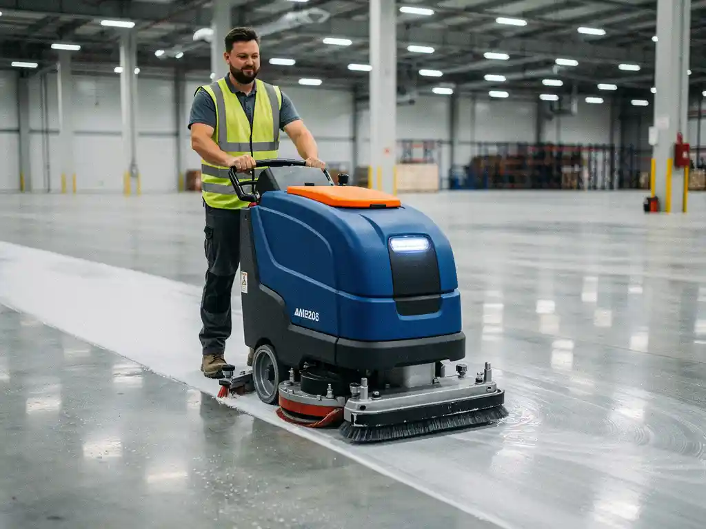 Elektrische vloerschrobmachine reinigt industri&euml;le magazijnvloer terwijl werker in veiligheidsvest het apparaat bedient