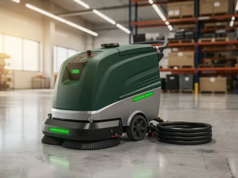 Elektrische vloerveegmachine met groene LED-indicatoren in moderne magazijn met betonnen vloeren en industriële verlichting