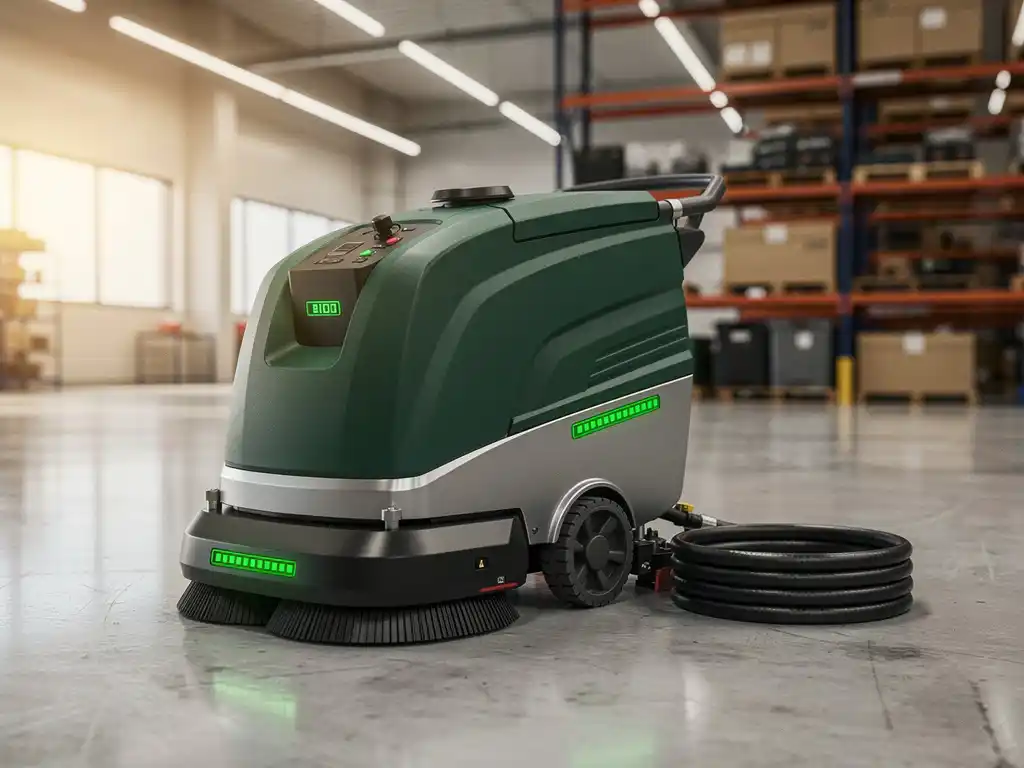 Elektrische vloerveegmachine met groene LED-indicatoren in moderne magazijn met betonnen vloeren en industri&euml;le verlichting