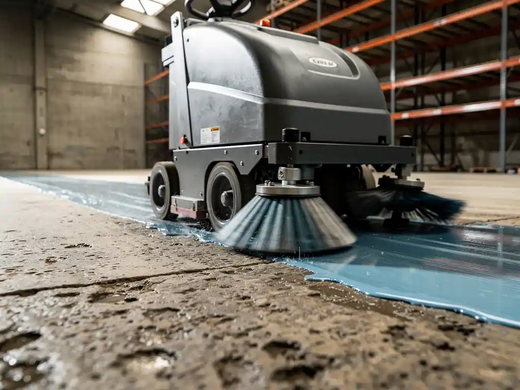 Industriële schrobmachine met roterende borstels reinigt betonnen magazijnvloer, nat spoor van schoonmaakmiddel zichtbaar