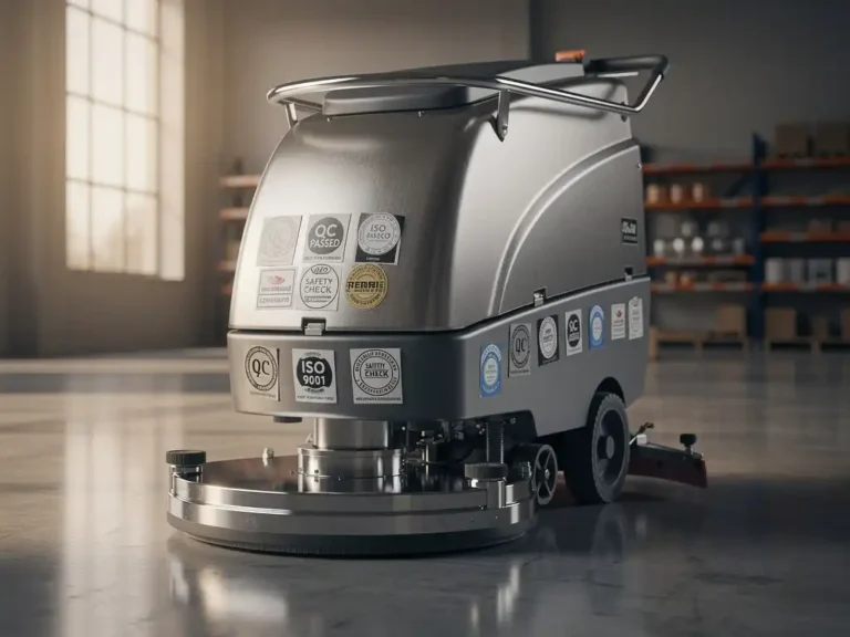 Professionele industriële vloerschrobmachine met kwaliteitscertificaten in moderne magazijnruimte met gepolijste betonvloeren