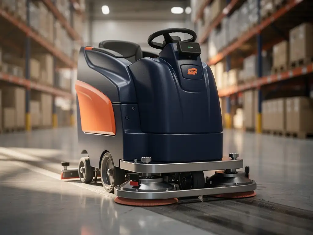 Industri&euml;le schrobmachine met GPS-tracker op bedieningspaneel in schone magazijnomgeving met natte sporen op betonvloer