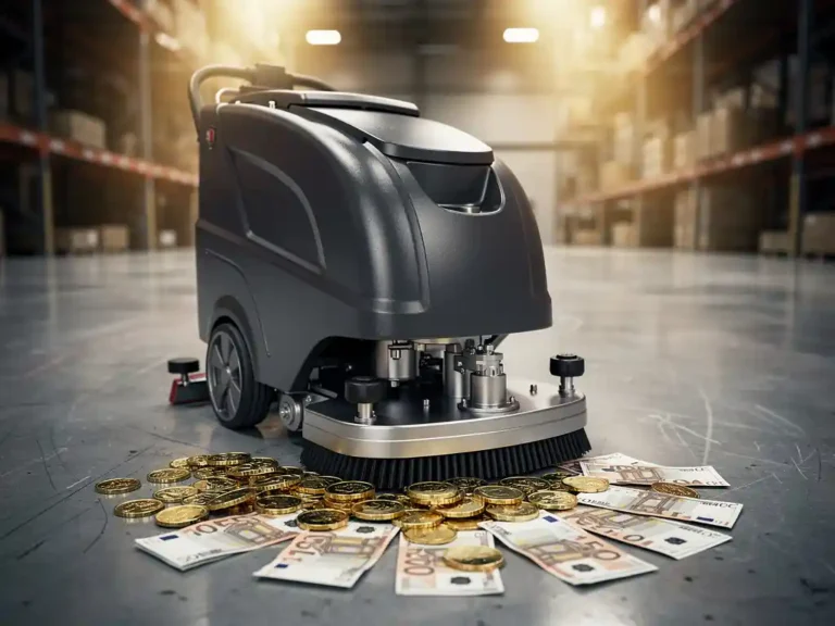 Professionele industriële schrobmachine op schone magazijnvloer omringd door gouden munten en eurobiljetten