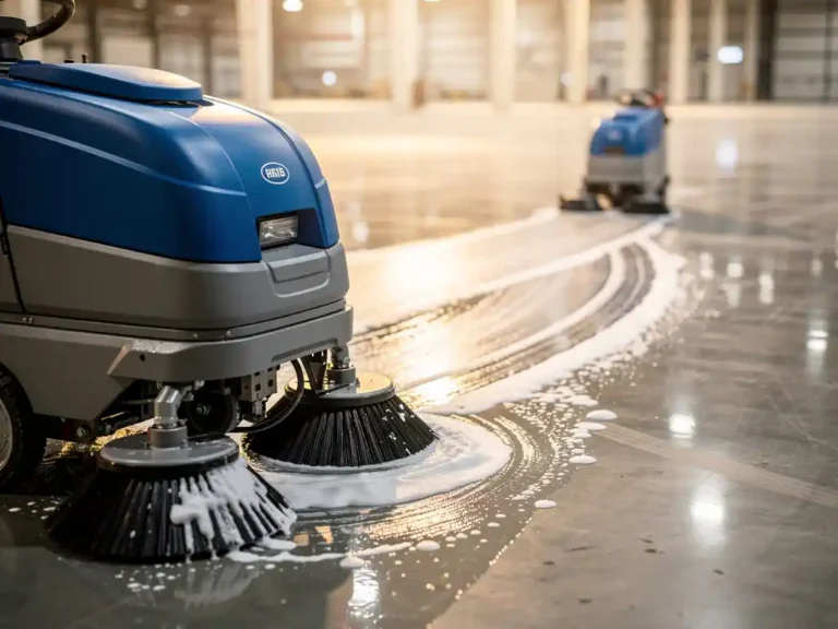 Industriële schrobmachines reinigen betonnen magazijnvloer met zichtbare zeepschuim en waterstrepen onder LED-verlichting