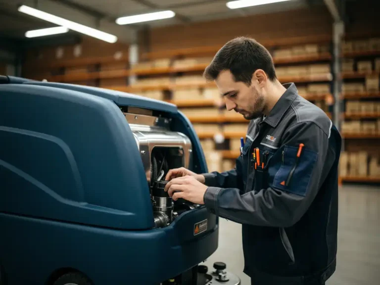Technicus in werkkleding inspecteert grote industriële schrobmachine in schone magazijnruimte onder felle verlichting