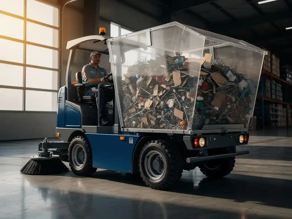 Industri&euml;le veegmachine met volle transparante afvalbak in magazijn met gepolijste betonvloeren en dramatische verlichting