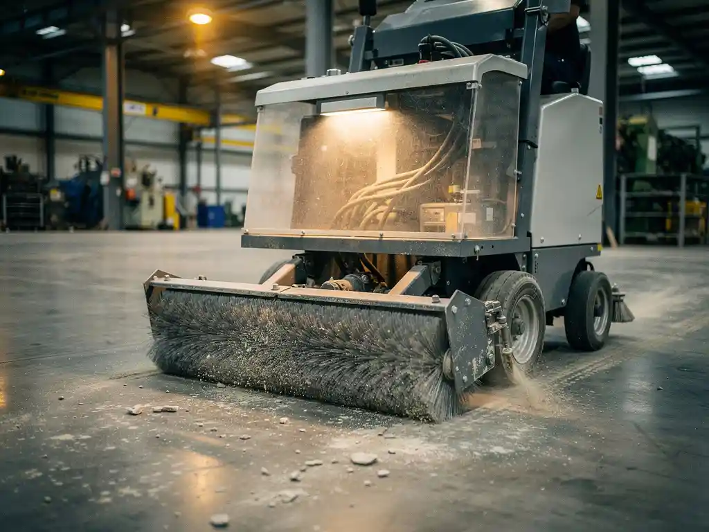 Industri&euml;le veegmachine met roterende borstels verzamelt stof en puin op betonnen fabrieksvloer onder warme overhead verlichting