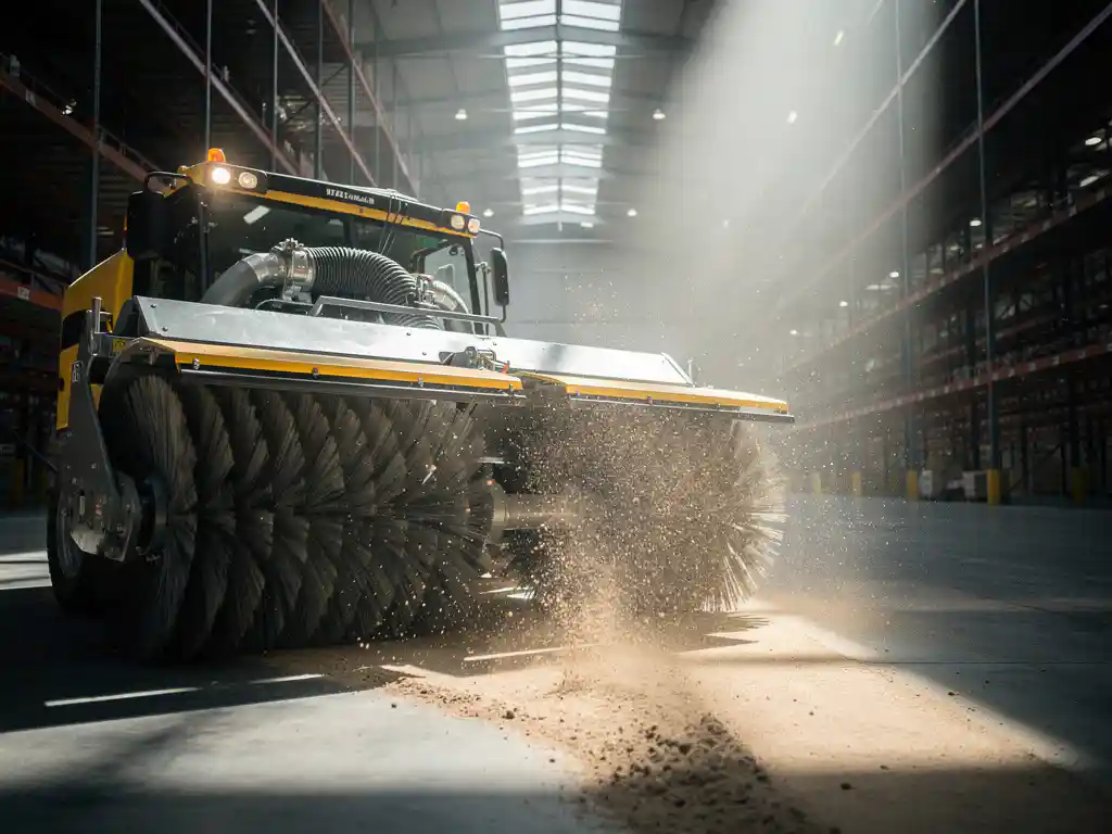 Industri&euml;le veegmachine met roterende borstels reinigt betonnen magazijnvloer, stofdeeltjes worden opgezogen