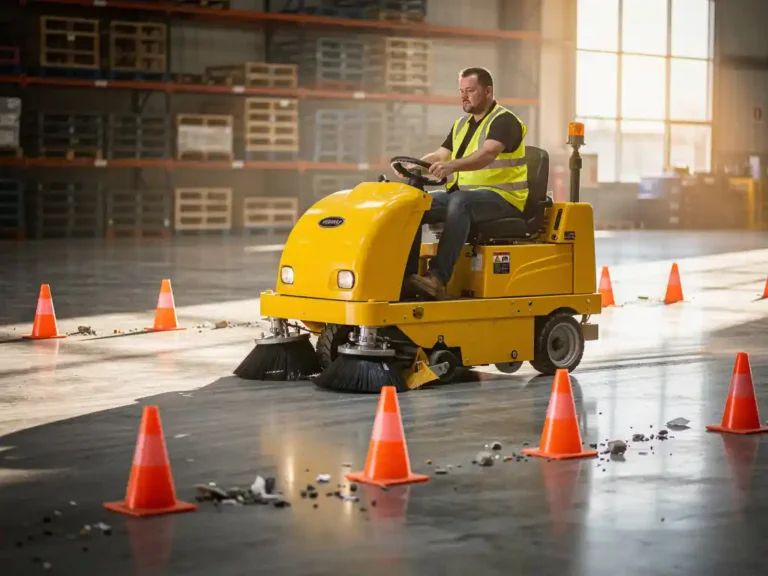 Gele industriële veegmachine navigeert om oranje veiligheidskegels op gepolijste betonvloer, werker in hesje bedient machine