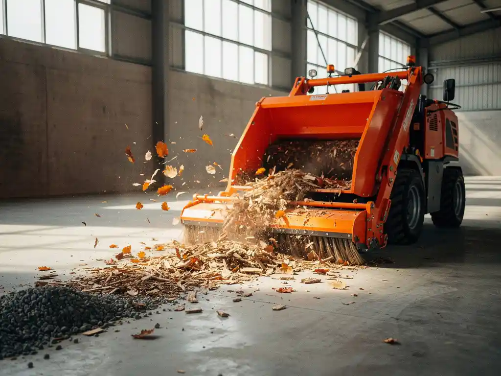 Oranje industriële veegmachine verzamelt herfstbladeren en grof vuil op betonnen magazijnvloer met natuurlijk licht