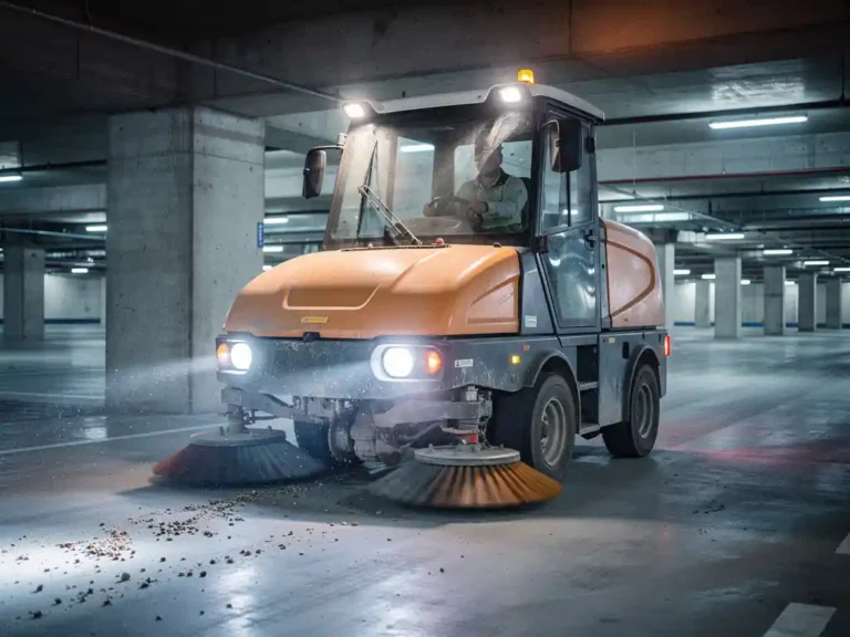 Industriële veegmachine met roterende borstels reinigt betonnen parkeergarage tussen zuilen onder tl-verlichting