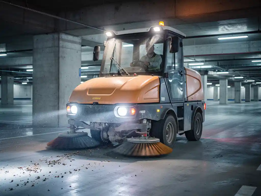 Industri&euml;le veegmachine met roterende borstels reinigt betonnen parkeergarage tussen zuilen onder tl-verlichting