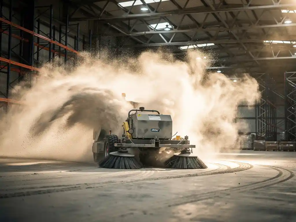 Industri&euml;le veegmachine cre&euml;ert stofwolk op betonnen magazijnvloer onder LED-verlichting