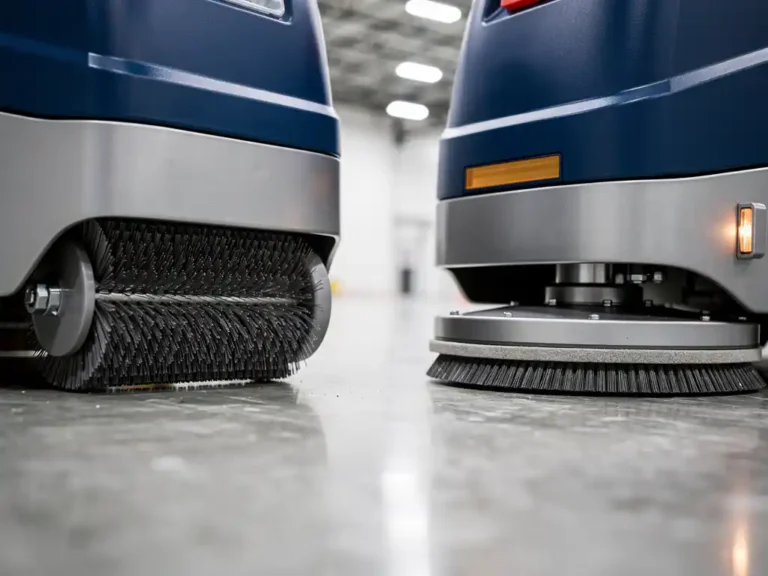 Twee industriële vloerschoonmaakborstelkop machines naast elkaar op gepolijste betonvloer in magazijn