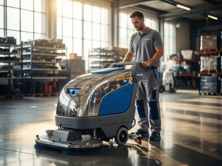 Professionele schoonmaaktechnicus inspecteert glanzende industriële vloerschrobmachine in moderne magazijnruimte met natuurlijk daglicht