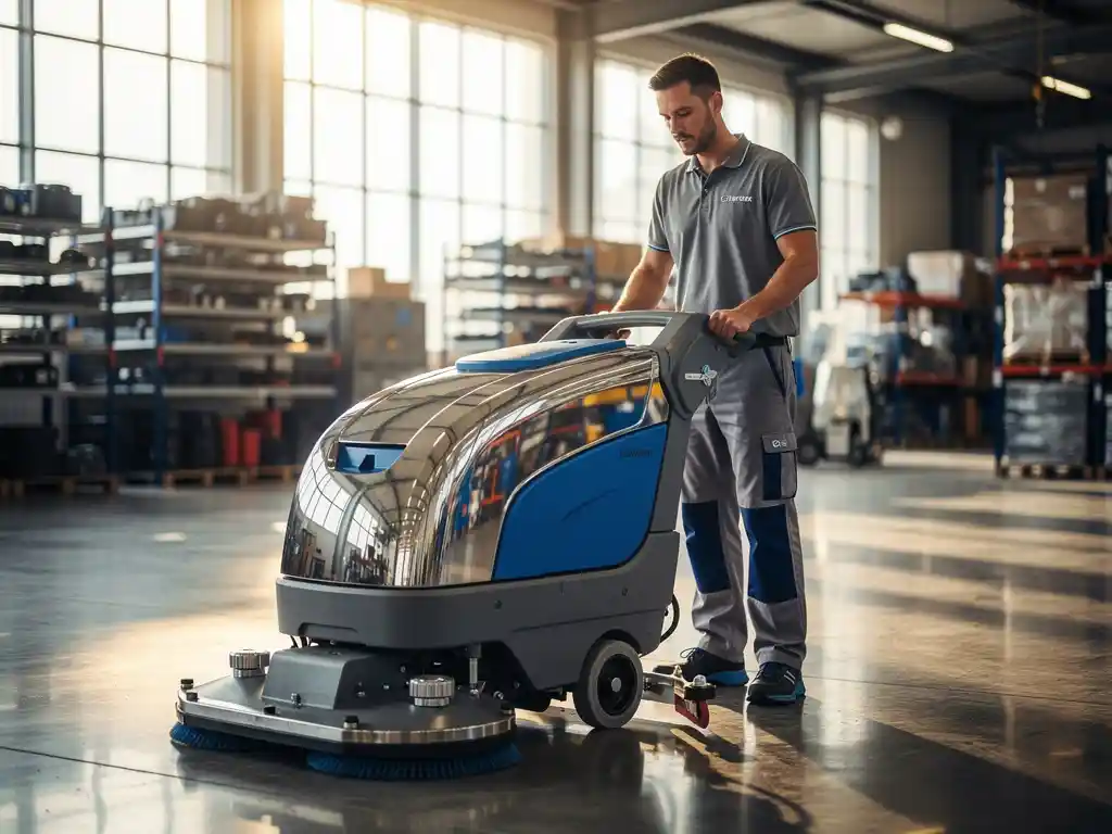 Professionele schoonmaaktechnicus inspecteert glanzende industriële vloerschrobmachine in moderne magazijnruimte met natuurlijk daglicht