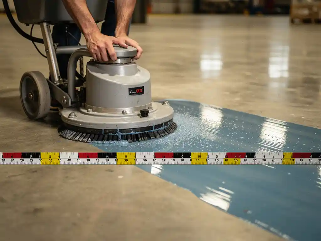 Industri&euml;le schrobmachine reinigt betonnen magazijnvloer met roterende borstels, meetlint toont vierkante meters