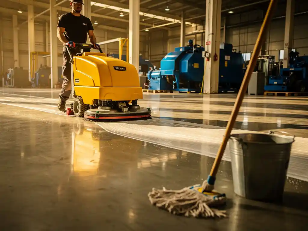Persoon bedient gele industri&euml;le schrobmachine in magazijn, verlaten dweil en emmer op voorgrond