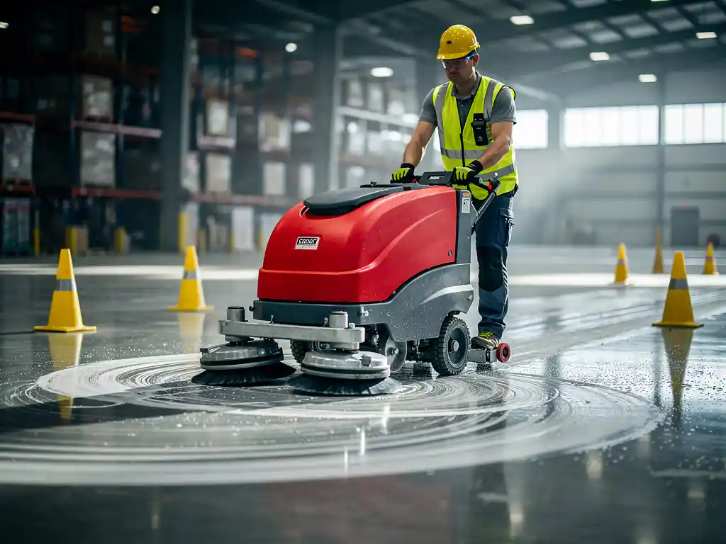 Werknemer in veiligheidskleding bedient rode industriële vloerschrobmachine op natte betonnen magazijnvloer met gele veiligheidskegels