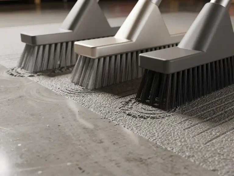 Drie industriële vloerborstels met verschillende borstelhardheid op verschillende vloeroppervlakken met textuurdetails