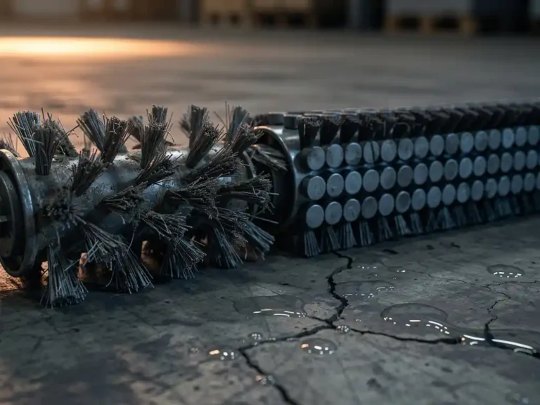 Versleten industriële schrobborstels met rafelige haren naast nieuwe vervangingsborstels op betonnen magazijnvloer