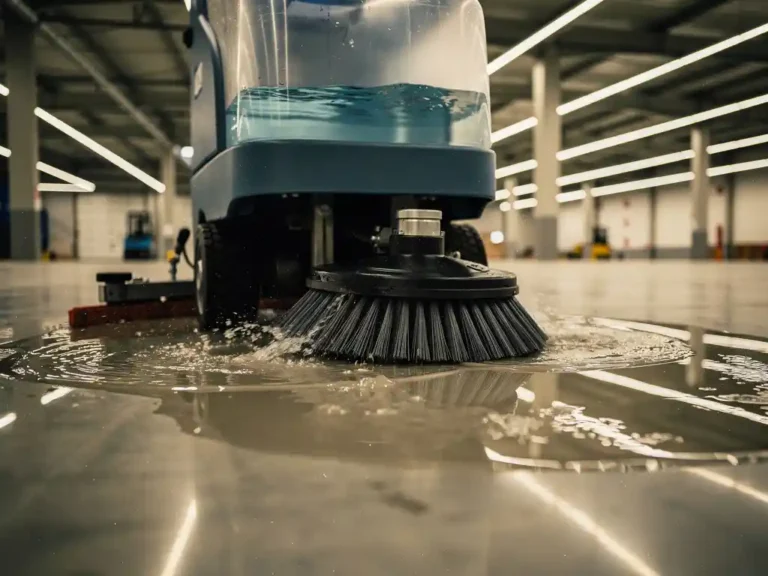 Industriële vloerschrobmachine sproeit water op gepolijste betonvloer in magazijn, reflecties van tl-verlichting zichtbaar