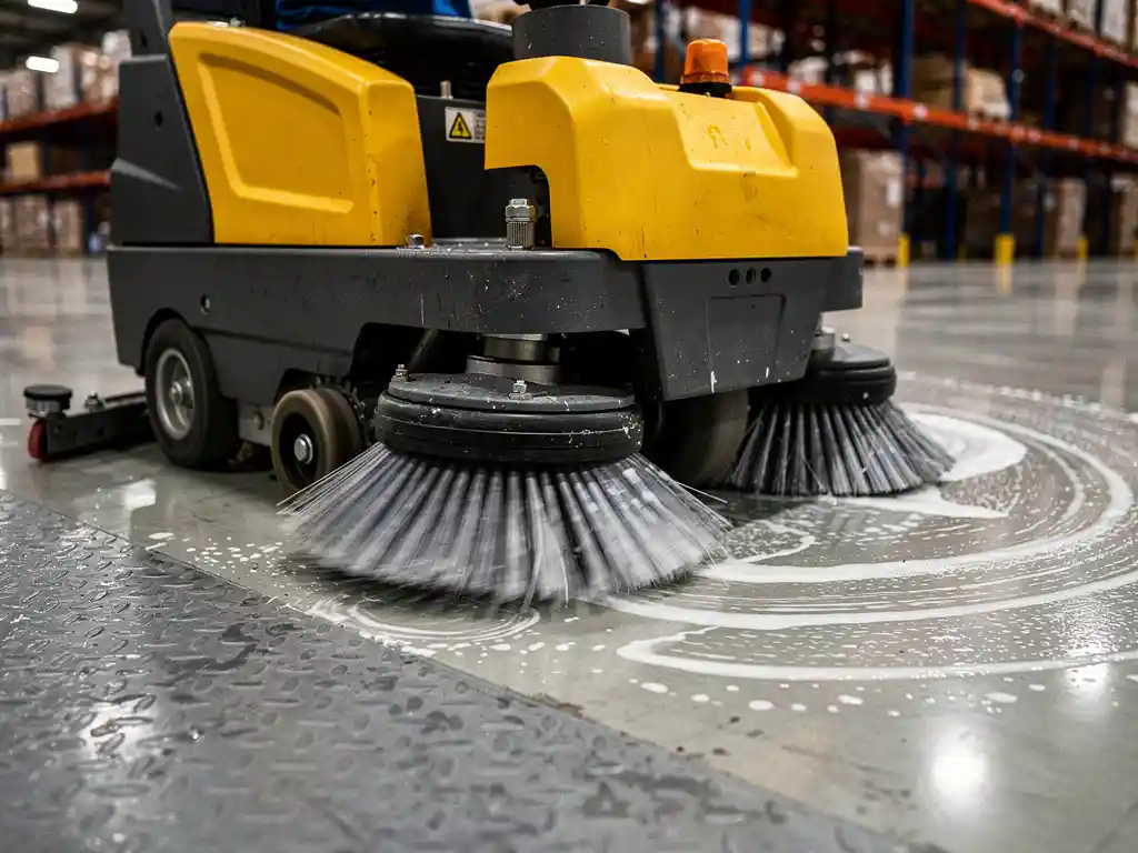 Industri&euml;le vloerschrobmachine met roterende borstels reinigt antislip betonvloer in magazijn met metalen stellingen