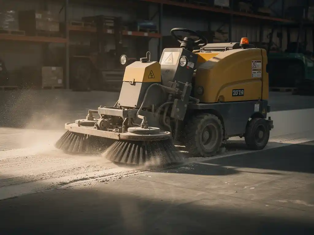 Industri&euml;le vloerschrobmachine met roterende borstels reinigt stoffige betonvloer in magazijn met stalen stellingen op achtergrond