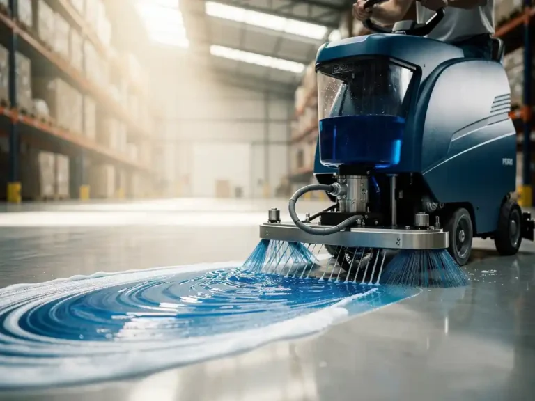 Industriële vloerschrobmachine doseert blauwe reinigingsoplossing op betonnen magazijnvloer met automatisch doseersysteem