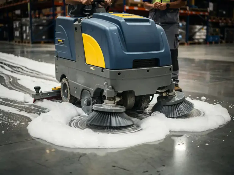 Industriële vloerschrobmachine met roterende borstels reinigt magazijnvloer met zeepsop, stellingen op achtergrond