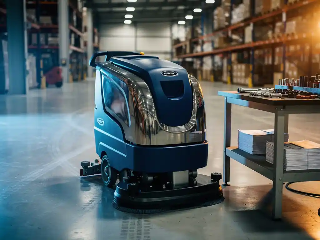 Industriële vloerschrobmachine in moderne magazijnruimte met onderhoudsgereedschap en kostenberekeningsbladen op werkbank