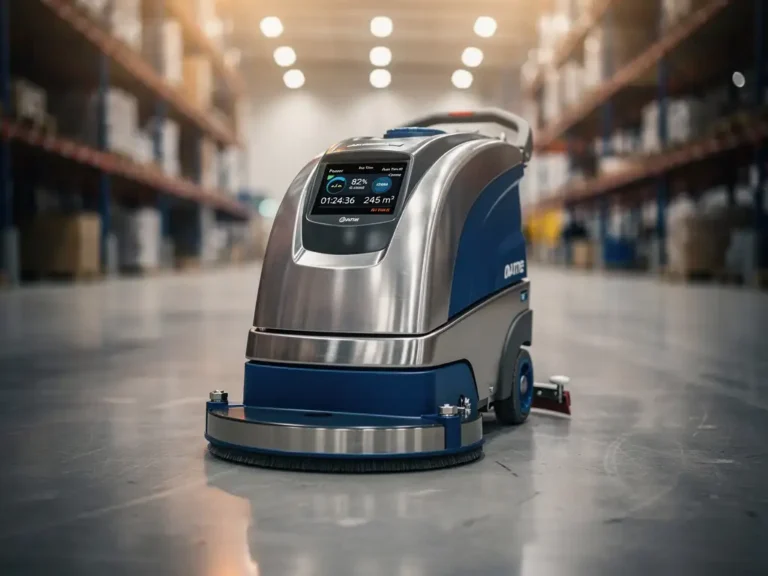 Moderne industriële vloerschrobmachine met digitaal display op glanzende betonvloer in magazijn met LED-verlichting