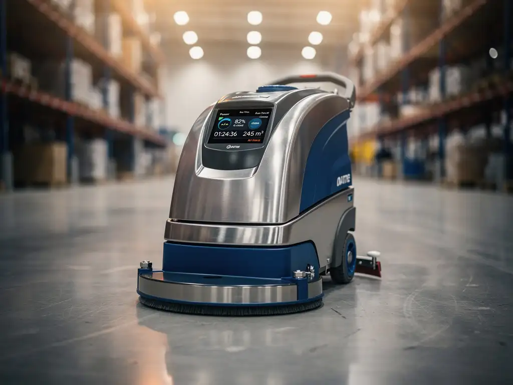 Moderne industri&euml;le vloerschrobmachine met digitaal display op glanzende betonvloer in magazijn met LED-verlichting