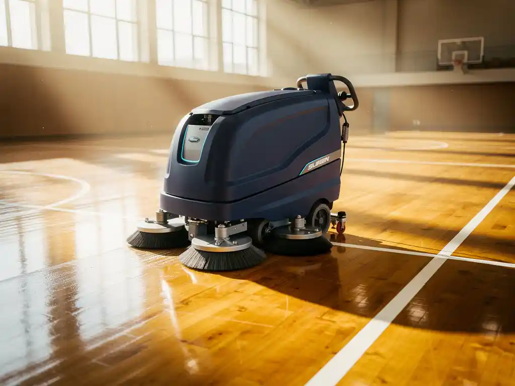 Professionele industriële vloerschrobmachine reinigt glanzende houten sportzaalvloer met basketballijnen zichtbaar