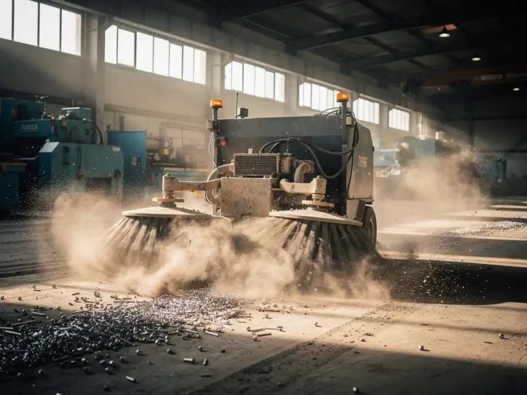 Industriële vloerveegmachine verzamelt betongruis en metaalspanen op fabriekshal vloer met dramatische lichtstralen