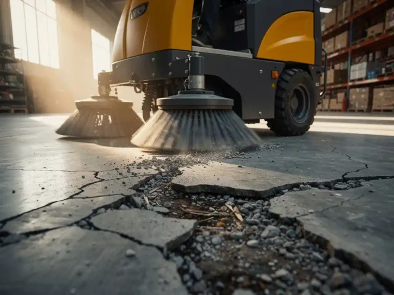 Industriële vloerveegmachine reinigt betonvloer met scheuren en grind in magazijn met natuurlijk licht