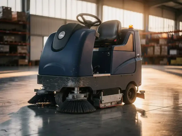 Industriële vloerveegmachine met gebruikssporen in magazijn met gepolijste betonvloeren en warm zonlicht