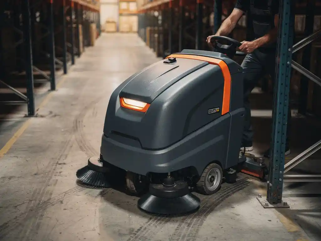 Compacte industriële vloerveegmachine navigeert door smalle magazijngang tussen hoge metalen stellingen