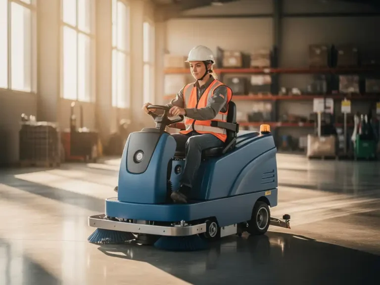Operator in veiligheidsuitrusting bestuurt moderne industriële vloerveegmachine door ruime magazijnruimte met natuurlijk licht