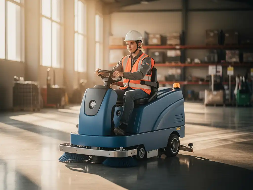 Operator in veiligheidsuitrusting bestuurt moderne industriële vloerveegmachine door ruime magazijnruimte met natuurlijk licht
