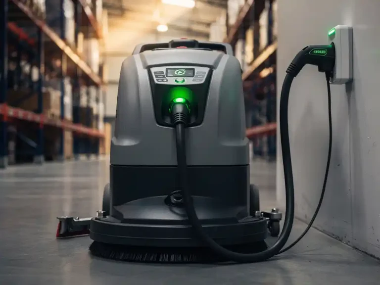 Industriële elektrische vloerveegmachine aangesloten op oplaadstation in moderne magazijn met groene LED-indicator