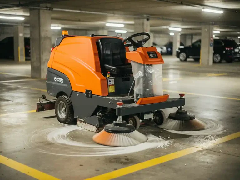 Industriële vloerveegmachine met roterende borstels reinigt betonnen vloer in ondergrondse parkeergarage