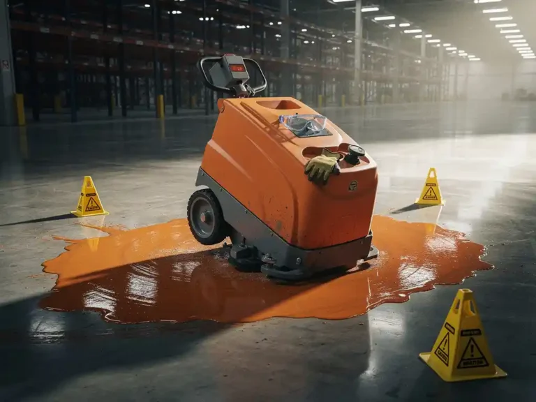 Oranje industriële vloerveegmachine op gevaarlijke hoek op nat beton met gele waarschuwingskegels en gemorste vloeistof in magazijn