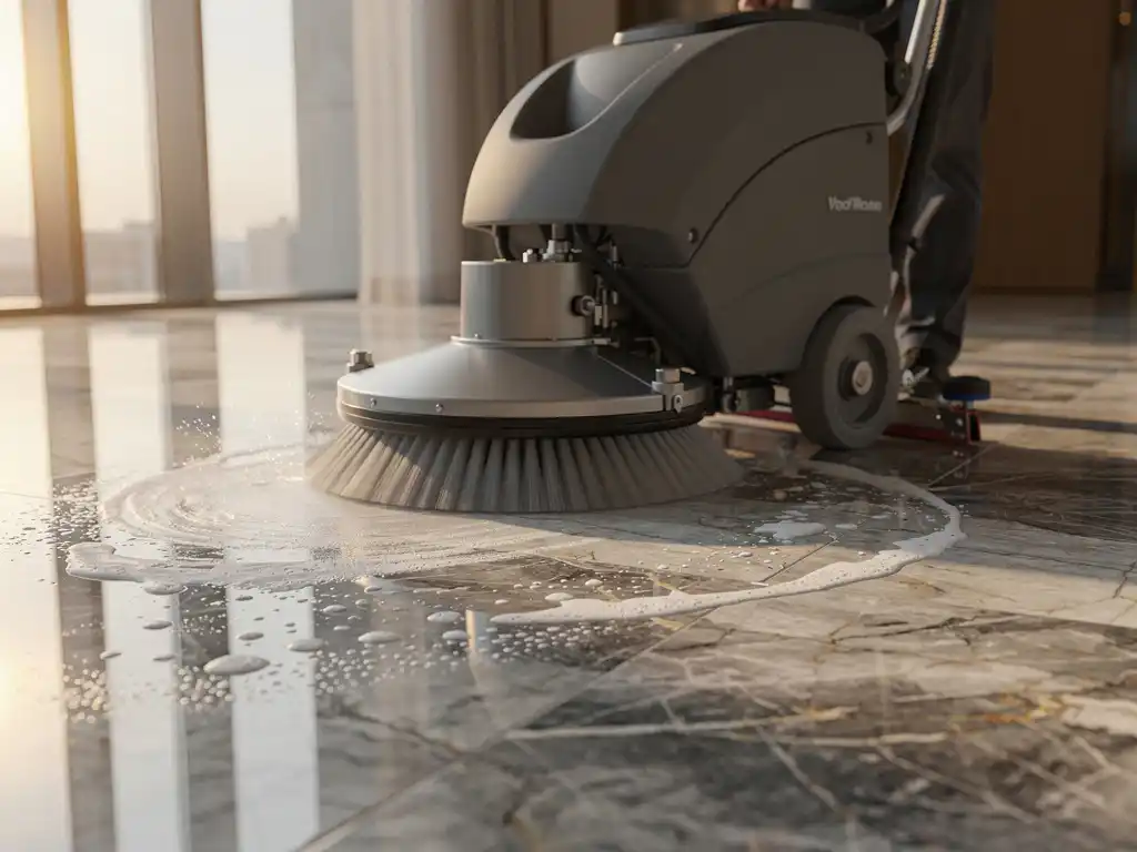 Professionele vloerschrobmachine met zachte borstels reinigt marmeren vloer met natuurlijke aders, zeepwater en zonlicht