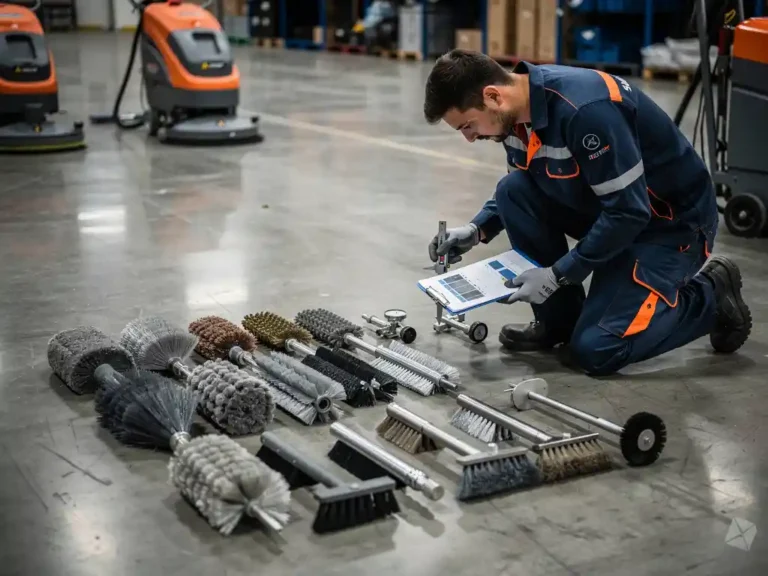 Professionele schoonmaaktechnicus test verschillende schrob borstels op betonnen magazijnvloer met meetgereedschap